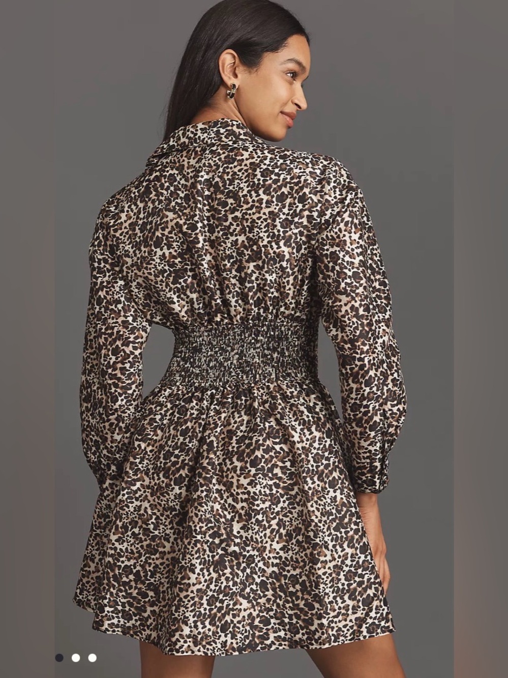 HUTCH Anthropologie Leopard Print Smocked Waist Long Sleeve Mini Dress Sz L - Picture 2 of 8